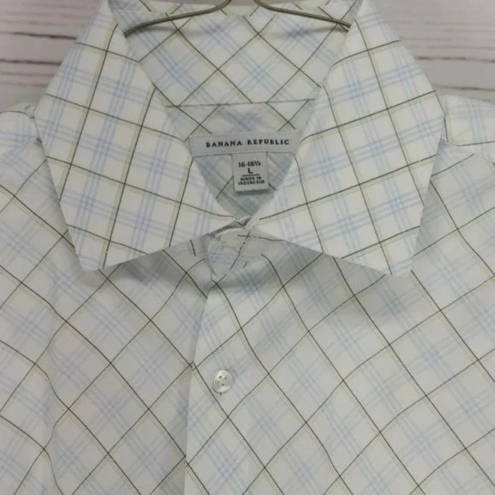 Banana Republic Men's White Plaid Lattice Design Dress Business Shirt Size Large